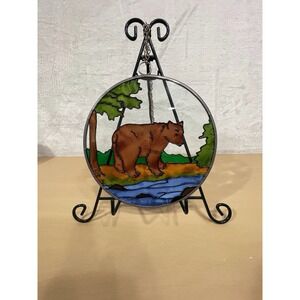Stained Glass Bear Suncatcher Round Woodland Cabin Window Decor 7"
